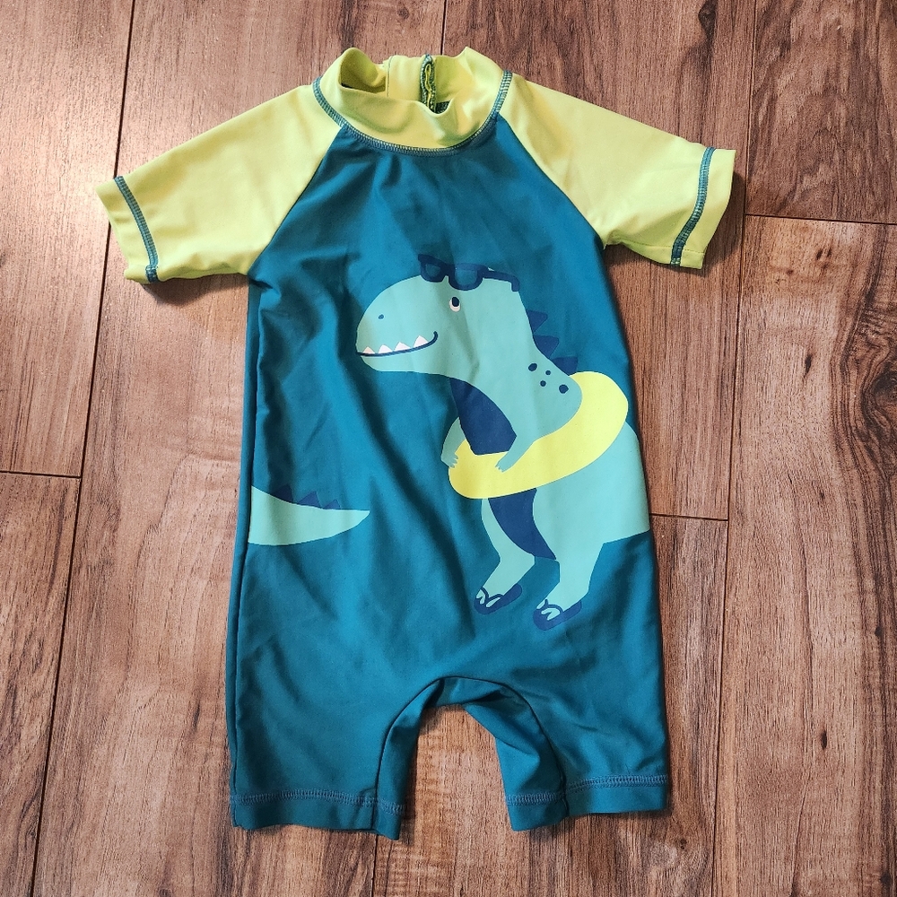 Carter's Green and Yellow Dinosaur Rashguard Boys 12 Months